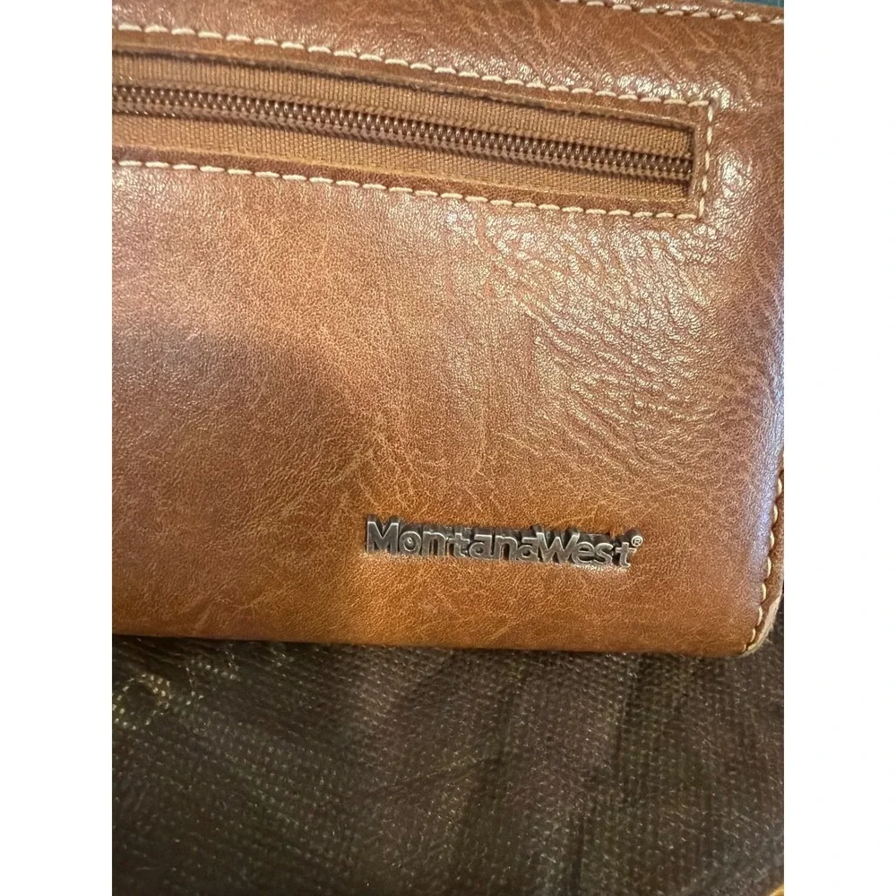 Montana West Wallet Women OS Turquoise Brown Western Studded Whipstitch Wristlet